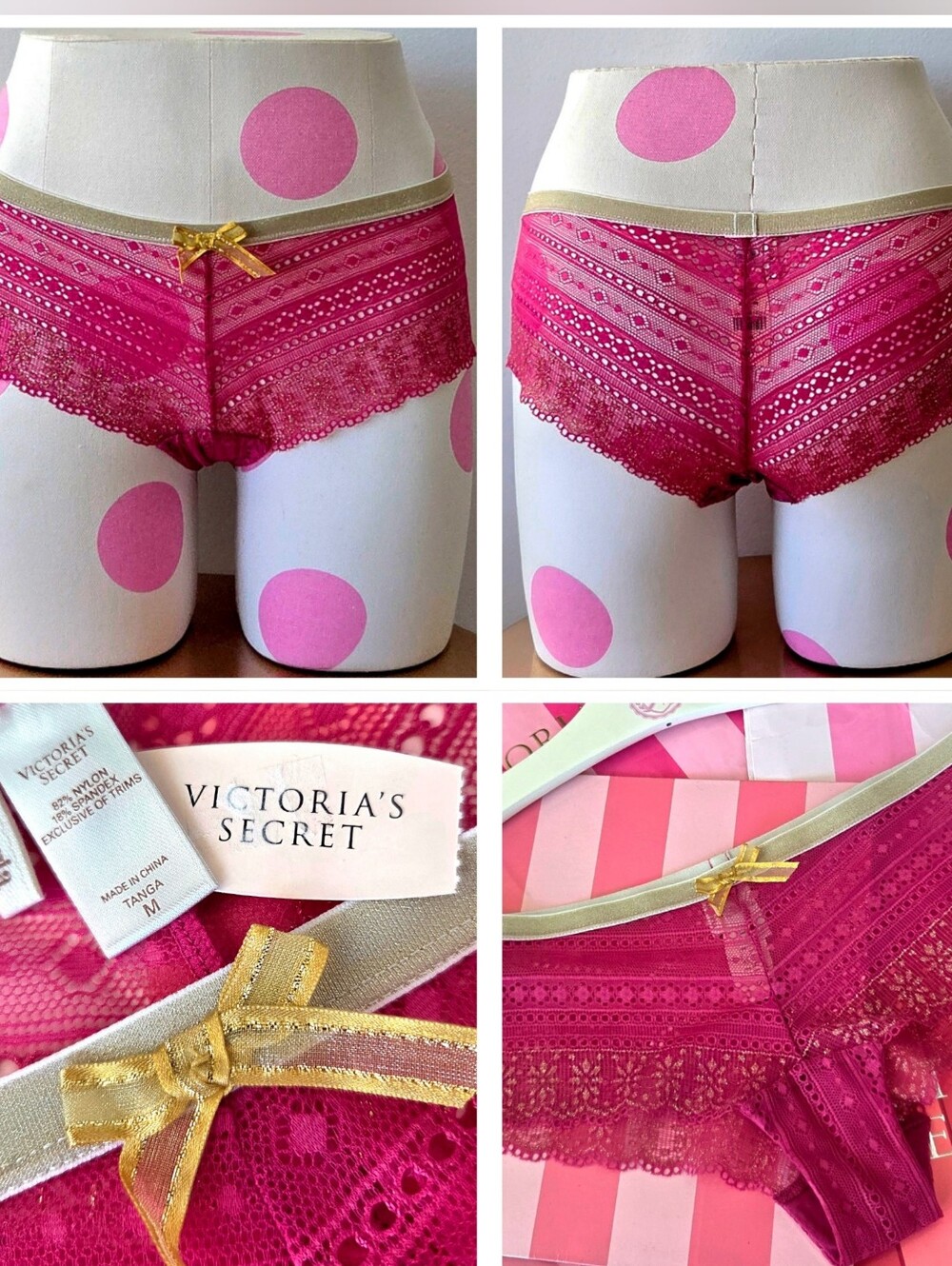 Victoria's Secret VTG Nylon Lace Cheeky Tanga Panty NWT Pink Bow RARE HTF Y2K